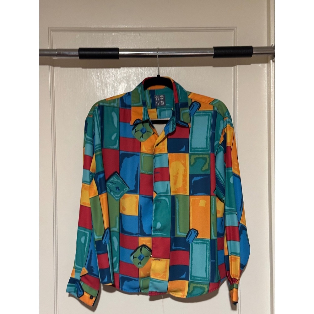 Colorful Patchwork Print Long Sleeve Button Down‎ Shirt Abstract Art